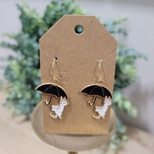 New 18k Gold Plated Black And White Hanging Cat Umbrella Enamel Earrings Gift